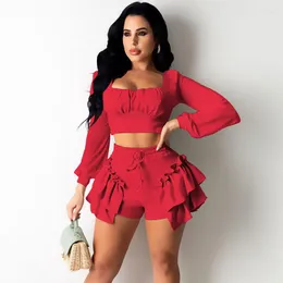 Women's Tracksuits Sexy 2 Piece Sets Womens Outfits Elegant Long Sleeve Ruched Crop Top And Ruffles Shorts Suits Birthday Party Club