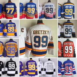 1967-1999 Movie Retro CCM Hockey Jersey Haft 99 Wayne Gretzky Koszulki 77 Pierre Turgeon Mężczyźni Vintage Koszulki Czarny 1995 1996 Niebieski Biały