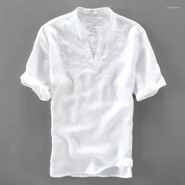 Męskie koszule lniane haftowane koszulka Mężczyźni Mężczyzny Letni rękaw lat letnia marka moda męska stojak na kołnierz Camiseta Masculina 3xl