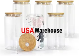 USA Warehouse Tumblers 16oz Sublimation Glase Beer Mugs wamboo Lid Straw diy Blanks Frosted Clear Can Shaps Cups Diy Gifts B1014