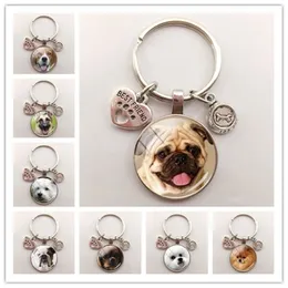 Fluffy Dog glass cabochon keychain Smart patient and kid-friendly French bulldog key chain men women jewelry gift