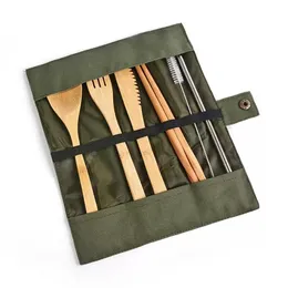 Träpinnet Set Bamboo Teskoon Fork Soup Knife Catering Cutery Set med tygpåse Kök Köken Matlagningsverktyg Utensil FY3896 B1014