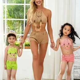 Kvinnors badkläder Kvinnors söta babyflickor baddräkt Tassel virkning delad bikini set halter barn strandkläder baddräkt