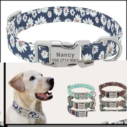 Dog Collars Leashes Custom Dog Collar Nylon Floral Engraved Pet Puppy Print Personalized Name Collars For Small Medium Large Dogs Pi Otsri