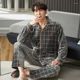 Men's Sleepwear Men's Flannel Pajama Sets Men Winter Pajamas Thick Warm Lounge Set Fashion Striped Embroidery Male Pijama Casual