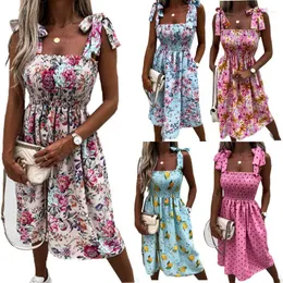 Vestidos casuais Fashion Square Collar Floral Print Maxi for Women 2022 Sexy estampado Sling Pocket Dress Ladies Off ombre