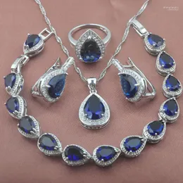 Collana Orecchini Set Argento Colore Blu Zirconia Goccia d'acqua Bracciale da sposa da donna Anello pendente Stile russo YZ0355