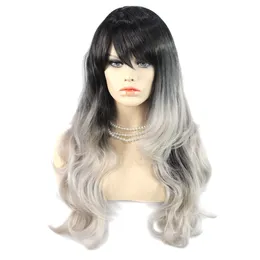 Beautiful Black & Grey Long Wavy Ladies Wigs Dip-Dye Ombre Hair From wig