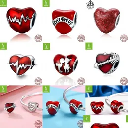 السحر 100 ٪ 925 Sterling Sier Charm Love Heart ECG Red Beads حبات تناسب الأساور للنساء هدية المجوهرات تسليم 2022 العثور على dhyjt