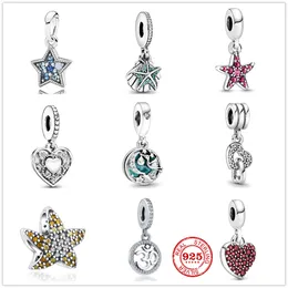 925 sterling Silver Dangle Charm Beads High Quality Jewelry Gift Wholesale Starffish Shell Flaffling Heart Dangle Bead Fit Pandora Charms Bracelet DIY