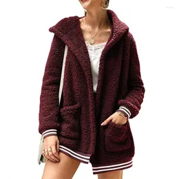 Frauen Pelz 2022 Lose Wolle Mantel Mit Hut Gestreiften Lange Jacke Winter Dicke Warme Mischung Strickjacke Abrigos Mujer Invierno