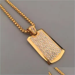 Naszyjniki wiszące tytanowe stalowe Hipsters punkowy hip -hop wisiorka biżuteria 24K Gold Plated Rhinestone Dog Tag Długie łańcuch Naszyjnik dla mężczyzn Dhtew