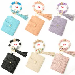 Keychains Silicone P￤rlor Elastic Bangle Card Holder L￤derpl￥nbok Armband Beaded Wristlet Keychains med TASSEL WLL1743