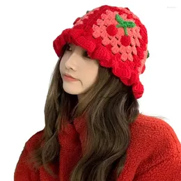 Hats Women Knitted Fisherman Hat Crochet Bucket Cherry Embroidery Visor For Summer Beach Stylish Cap Y2k Vintage