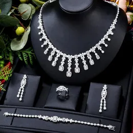 Halsbandörhängen Set Godki Luxury Famous Design Shiny Charm paljetter Nigerian 4st för kvinnor Cubic Zircon Wedding Bridal