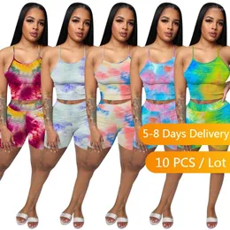 Women's Tracksuits Wholesale Items Summer Outfits For Women Streetwear Tank Crop Top Biker Shorts 2 Piece Set Tie Dye Bodycon Tracksuit