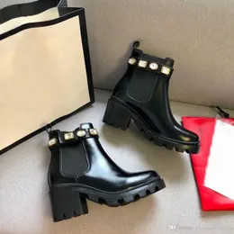 Martin short boots cowhide Belt buckle Metal women Shoes Classic Thick heels Leather designer shoe High heeled Fashion Diamond Lady boot Large si