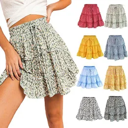 Spódnice kwiatowy nadruk boho bawełna seksowna mini spódnica plisowane falbany bandaż bandaż moda moda wysoka talia falbana koronkowa plaża krótka