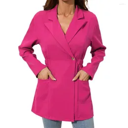 Trajes de mujer Solapa Manga larga Bolsillos grandes Un solo botón Color sólido Mujeres Blazer Otoño Cintura elástica Traje de longitud media Abrigo Formal