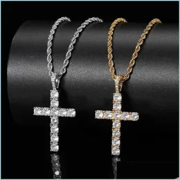 Pendant Necklaces Iced Out Zircon Cross Pendants With 4Mm Tennis Chain Necklaces Set Mens Hip Hop Jewelry Gold Sier Cz Pendant Neckla Dhskm