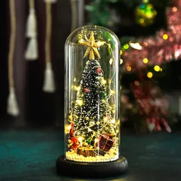 Decorazioni natalizie Albero di Natale con cupola di vetro Ornamento Albero di Natale a LED da tavolo con base in legno Decorazioni natalizie con luci a corda Regalo dell'anno 221014