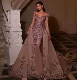 Luxury Appliqued Mermaid Prom Dresses With Detachable Train Beading Long Sleeve Evening Gown Sequined Formal Dresses