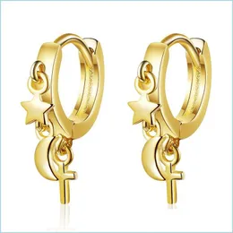 후프 Huggie 925 Sterling Sier New Woman Fashion Jewelry Simple Star Moon Cross Golden Earrings Drop Delivery 2022 Earring Dhyta