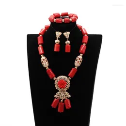 Collana Orecchini Set Trendy Real Coral Red African Beads Jewelry Quality Gold Nigerian Wedding Party ABG054