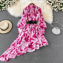 korean fashion women spring summer dress long sleeve printed Irregular elegant beach dresses pleated robe femme casual dress 2023