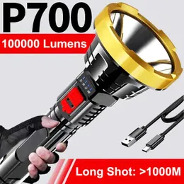 Flashlights Torches 100000LM P700 Powerful LED Flashlight Tactical Flash light Long Range 1000m Torch Waterproof Camping Hand Light USB Rechargeable L221014