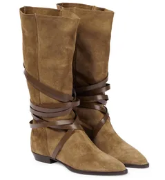 Winter Design Marant Siane Boots Suede Women Knee-high Boots Leather-wrapped Ties Cowboy Boot Pointed toes Low Block Heels Booties .