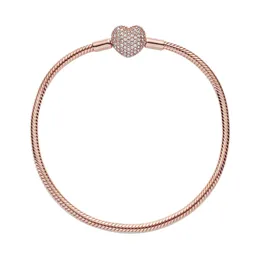 Rose Gold Pave Heart Clasp Charm Armband med originalbox f￶r Pandora 925 Sterling Silver Wedding Designer Jewelry Snake Chain Charms Armband f￶r kvinnliga flickor