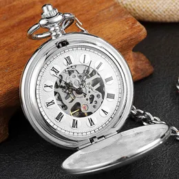 Pocket Watches silver rostfritt stål vintage mekanisk klocka rand graverad dubbel sida fodral skelett fob steampunk män kvinnor