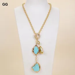 Anhänger Halsketten GuaiGuai Schmuck 27" Weiße Biwa Perle Blau Türkis Edelsteine Stein Lariat Kette Halskette