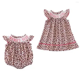 Kl￤der s￤tter Girlymax Sibling Summer Baby Girls Woven Smocked Dress Print Ruffles Romper Rainbow Leopard Watermelon Kids