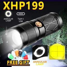 مشاعل المصابيح الضوئية 2022 Super Bright XHP199 USB قابلة لإعادة الشحن 11400mAh مصباح يدوي LED مع المدخلات والإخراج مقاوم للماء في الهواء الطلق تسلق L221014