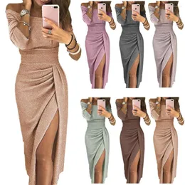 Casual klänningar 2022 Autumn Sexig temperament Tre-fjärdedels ärmar Huvud Wraps Hip Slits One-Word Collar Shiny Solid Color Women's Dress