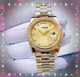 주일 데이트 다이아몬드 링 여성 시계 36mm 클래식 디자인 자동 기계식 시계 스톱워치 316L 스테인리스 스틸 캘린더 모든 황금색 선물 손목 시계