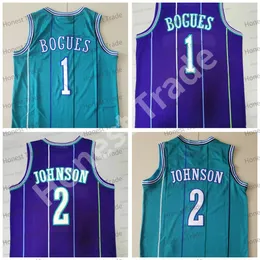 Retro 2 Larry Johnson Basketball Jersey Throwback 1 Tyrone Bogues Purple Green Mens Mens Mesh Mesh