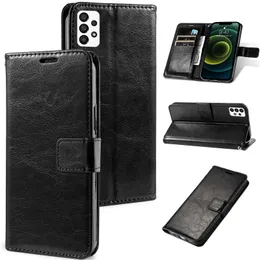 L￤dertelefonfodral f￶r Samsung S22 S21 Fe M33 A13 A23 A33 A53 A73 A03S Ultra Plus 5G Wallet Crazy Horse Case Stand Stand