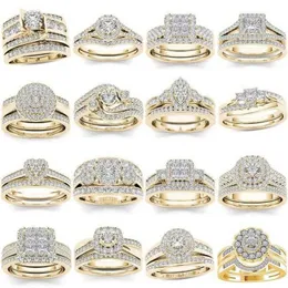Pierścienie zespołu ślub 2pcs Zestaw ślubny Elegancki kryształowy pierścionek zaręczynowy luksusowy złoty kolor okrągły cyrkon dla kobiet biżuteria boho 2021342y