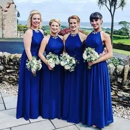 2023 Royal Blue Bridesmaid Dresses Halter Floor Length Chiffon Beaded Custom Made A Line Maid of Honor Gown Country Wedding Wear