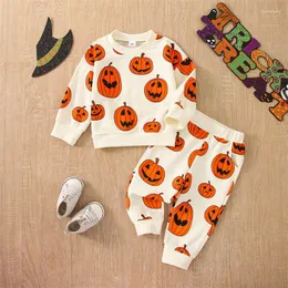 Roupas conjuntos de roupas infantis de Halloween 2022 Autumn Boys and Girls Sleeved O-gola O-gola Baby Camisetas calças