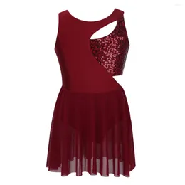 Abiti da ragazza Bambini Ragazze Balletto Vestito da danza Dancewear Paillettes lucide asimmetriche Buchi della serratura Vestito da pattinaggio a rotelle