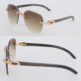 Tasarımcı moissanite elmas seti rimless güneş gözlükleri kadın mermer siyah manda boynuz güneş gözlüğü