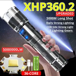المصابيح الضوئية المشاعل 6000000LM XHP360 SUPER عالية الطاقة LED المصابيح الكهربائية إعادة شحن torch torch Zoom 7 أوضاع مقاومة للماء 18650 مصباح يدوي L221014