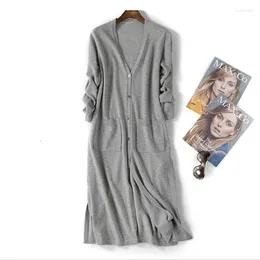 Women's Knits Knitted Cashmere Cardigan Women 2022 Autumn Winter Double Pocket V-Neck Sweater Woman Robe Pull Femme Hiver Casual Long