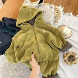 Vinter barn flickor kläder set höst mjuk polära fleece hoodies jacka kappa byxor kostar pojkar varma barn kläder set