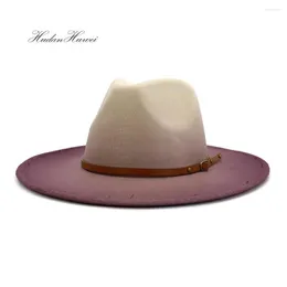 Berets European American Fashion Spray-painted Jazz Panama Woolen Felt Fedora Hat With Wide Brim Leather Belt