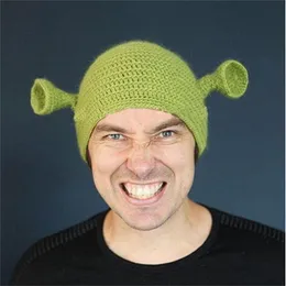 Unissex balaclava monstro shrek chap￩u l￣ chap￩us de malha de inverno festas de gorro engra￧ado gorro de gorro para homens para homens homens pura feita artesanal gc1719